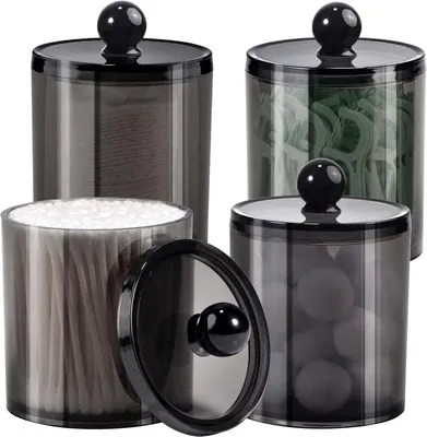 Produktbild von 4er-Pack Vorratsdosen aus Kunststoff und Acryl für Badezimmer, Schminktisch, Arbeitsplatte mit Aufbewahrungsdeckel, Apothekergläser, Qtip-Halter, Make-up-Organizer für Wattebällchen, Tupfer, Pads, Badesalz (schwarz, 12 oz)