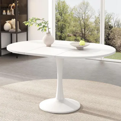 Immagine prodotto di Tavolo da pranzo allungabile, forma ovale, dimensioni 100/140 x 100 x 75 cm, colore bianco, materiale: MDF