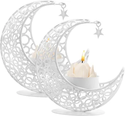 Productafbeelding van Maan Kandelaars Set van 2, Metalen Theelicht Kaarsenhouder voor Tafel Centerpiece Decoratieve Votive Kandelaars Houder voor Party Home Decor (Wit)