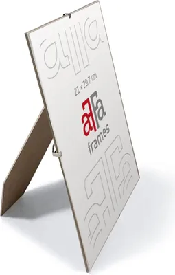 A white picture frame with a kickstand, displaying branding and size information.