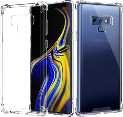 A clear protective case for a Samsung Galaxy Note 9 phone is shown from multiple angles.