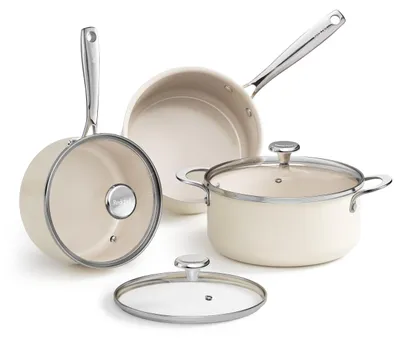 6-teiliges Keramik-Pfannenset, beige, induktionsgeeignet, 18/20/24 cm