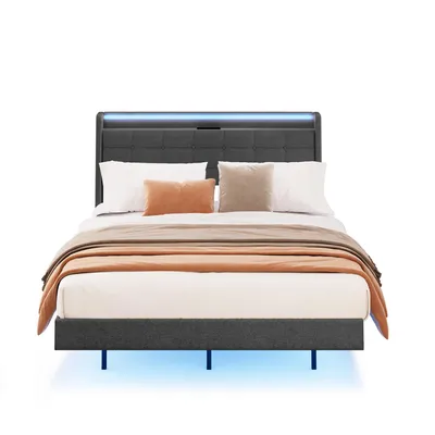 Produktbild von BEALIFE Polsterbett 140x200 cm mit USB-Ladung, LED-Licht & Kopfteil-Stauraum | Metallgestell, 18 cm Bodenfreiheit | Dunkelgrau BF30