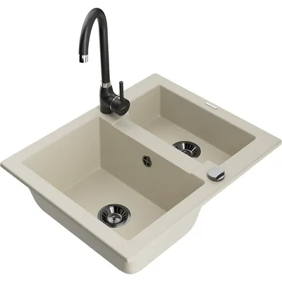 Obrázek produktu pro Mexen Carlos 1,5-miskový granitový dřez s kuchyňskou baterií Telma, Béžová - 6518-69-670200-70