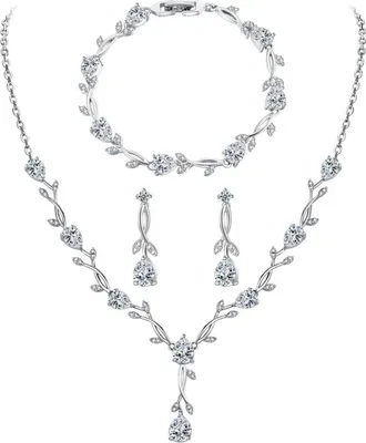 Image de Parure de bijoux de mariage pour femme Argent 925 Collier Bracelet Boucles d'oreilles Zirconia