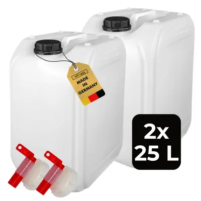 Produktbild von ABACUS® 2x25 Liter Wasserkanister Natur Chemiekanister Auslaufhahn und Deckel (DIN61) Lebensmittelecht Indoor und Outdoor BPA Frei Säurefest mit Skala