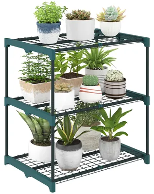 Produktbild von 3-Etagen Pflanzenständer, 72 cm hoch Blumenständer für Innen Außen, Pflanzenregal aus Stahl Dunkelgrün