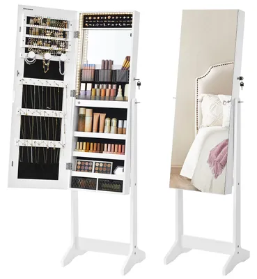 Produktbild von SONGMICS Schmuckschrank, Spiegelschrank, mit rahmenlosem Ganzkörperspiegel, LED-Beleuchtung, Innenspiegel, 2 Schubladen, abschließbar, wolkenweiß JJC023W01