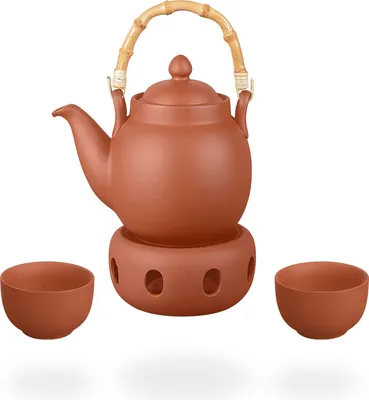 Produktbild von Tenno Teeservice / Teeset / Ton Teekanne mit Sieb 1,1 liter, Stövchen und 2 Tassen je 130ml, handgefertigt