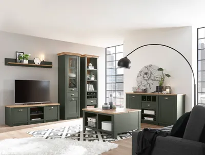 Produktbild von Landhaus Wohnwand Set mit Anrichte & Couchtisch CINCINNATI-61 in grün mit Wotan Eiche, mit Beleuchtung, B/H/T: ca. 328/207/45cm