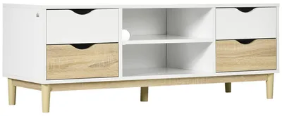 Produktbild von Wohnzimmer-TV-St?nder fš¹r Fernseher bis 55 Zoll mit Regalb?den und 4 Schubladen, 120 x 40 x 44,5 cm, Wei? und Eiche