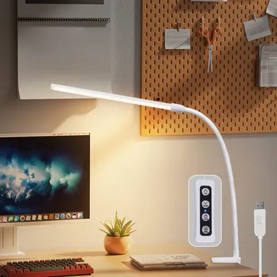 Produktbild von ZMH Schreibtischlampe LED Tischlampe Dimmbar Weiß Klemmbar Schwanenhals 5W Arbeitsleuchte Schreibtisch Bürolampe Tageslichtlampe Büro Klemmleuchte mit Ladefunktion