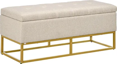 Produktbild von Aufbewahrungsbank mit Gepolsterter Sitzfläche und Stahlbeinen - Design Sitzbank mit Stauraum in Beige und Goldfarbe
