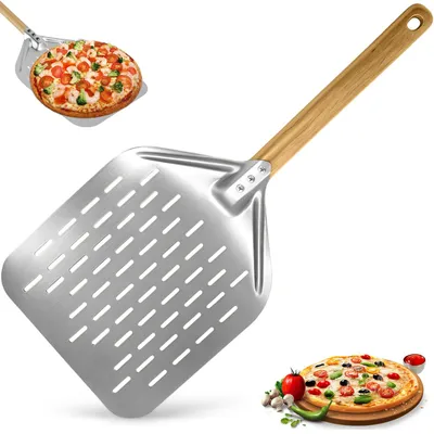 Produktbild von Perforierte Pizzaschaufel 39,5 x 30 cm mit abnehmbarem Griff, Pizzaschaufel aus Aluminiumlegierung, große Pizzaschaufel, Pizzaspatel-Set, silberfarbene Pizzaschaufel für selbstgemachte Pizza.