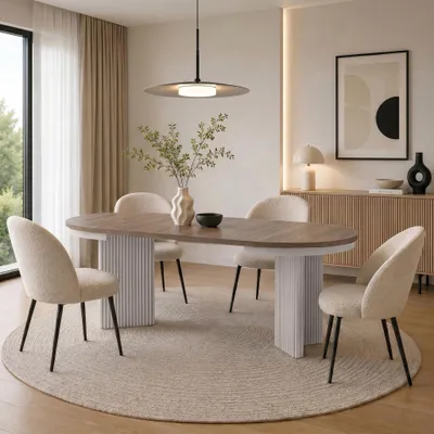 Produktbild von BEAUTYSOFA | Runder Ausziehbarer Esstisch PRESTIGE Ø 100–180 cm, Walnuss/Kaschmir, Moderner Esstisch für Esszimmer, Küche, Skandinavischer & Loft-Stil
