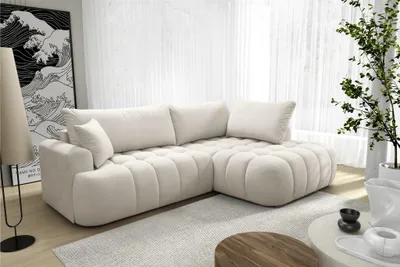 Productafbeelding van Eckbank met slaapfunctie, model NANTES, bekleed met stof in de kleur zachtbeige. Ottomaan aan de rechterkant