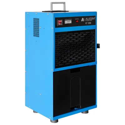 A blue and black Allegra KT 200 dehumidifier is shown against a white background.