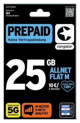 Produktbild von congstar Prepaid Allnet M: 25 GB Datenvolumen & Flatrate für Telefonie und SMS, 5G-Speed, EU-Roaming