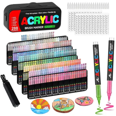Image de Jeu de 288 marqueurs acryliques, avec embout pinceau de 1 à 5 mm, résistants à l'eau, pour verre, céramique, bois, pierre