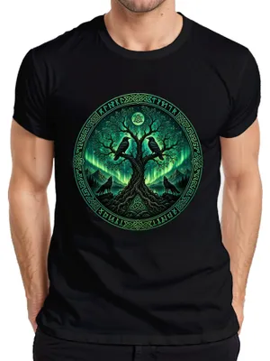 Produktbild von Yggdrasil Weltenbaum Wikinger Raben Wolf Nordische Odin Walhalla Herren T-Shirt, Schwarz, M