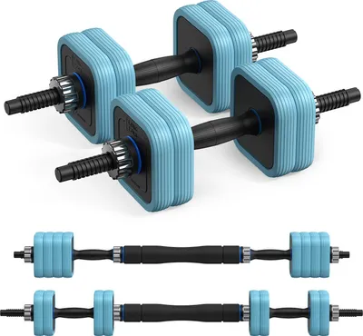 Produktbild von 3-in-1 verstellbares Hantel-Set – Kurzhantel & Langhantel, quadratische Scheiben, doppelte Sicherheitsmutter, rutschfeste Griffe, geräuscharm (10 kg)