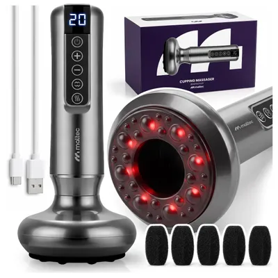 Productafbeelding van MalTec elektrische cuppingmassage-apparaat, cuppingtherapie met warmte en rood licht, 12 zuigniveaus, 8 stalen kogels, USB-C accu