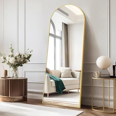 Productafbeelding van Bogenvormige spiegels, 161 x 52 cm. Vrijstaande spiegel met gouden frame. Grote wandspiegel, geschikt om voor te staan, tegen een muur te zetten of op te hangen. Vloerspiegel voor slaapkamer of woonkamer