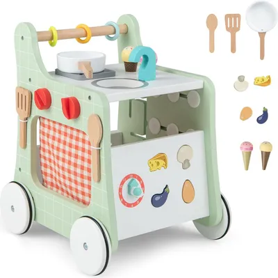 Produktbild von Lauflernwagen Holz, 6-in-1 hölzerne Lauflernhilfe, Baby Walker mit Blöcken & 9 Teilen Zubehör, Lernlaufwagen & Aktivitätszentrum, Kinderküche-Spielzeug für Kleinkinder ab 1 Jahren