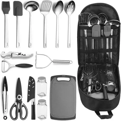 Produktbild von Ibenzoa® Outdoor-Kochset – nachhaltiges, leichtes Camping-Kochgeschirr mit Töpfen, Pfanne, Küchenwecker, Antihaftbeschichtung, Bambus-Schneidebrett, Edelstahlmessern & Baumwollschürzen