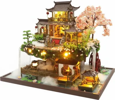 Produktbild von Habarri | Miniaturhaus - DIY-Puppenhaus - Holzhaus mit Möbeln und LED-Beleuchtung - Geschenk für Kinder - Wasserfälle der weißen Wolke