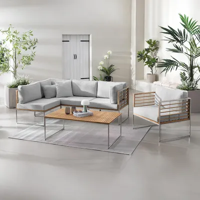 Produktbild von home24 Loungeset - 6-teilig - Webstoff / Teak Massiv