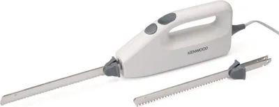 A white electric knife with two blades on a white background.
