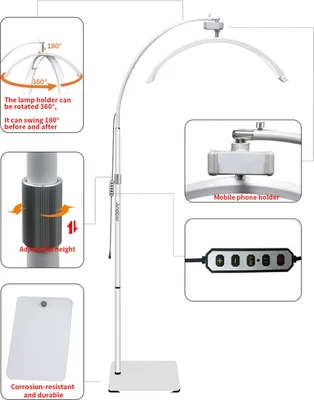 Produktbild von Andoer HD-M60X 30W LED-Videoleuchte für den Boden, halbmondförmiges Fülllicht, 3200 K – 5600 K, dimmbar, mit 180 cm/70,9 Zoll Metall-Lichtstativ, Telefonhalterung, Fernbedienung für Beauty-Salon, Make-up, Live-Streaming, Nachttischlampe
