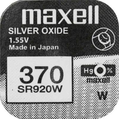 A close-up of a Maxell 370 Silver Oxide button cell battery packaging.