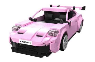 A pink toy sports car made of building blocks, shown from a front-diagonal angle on a white background.