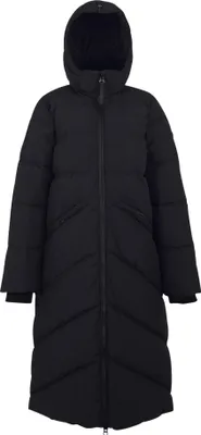 A full-length black puffer jacket with a hood, presented on a white background.