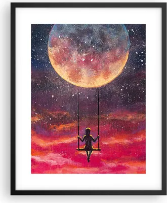Produktbild von Gerahmtes Poster - Schwarzer Rahmen - Mond Schaukel Frau - 40x50 cm - Wand Bild - Wanddeko - Wandbilder - Kunstposter - Wandposter - Bilderrahmen - Bilder - Kunstdruck - P2BPA40x50-5095