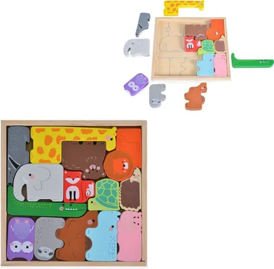 Produktbild von Moni Kinder Puzzle Tiere 3002 Holz, Sortierspiel, Farbpuzzle, 14 bunte Tiere bunt