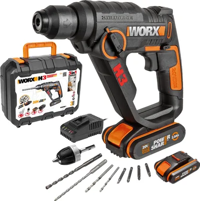A cordless hammer drill and its accessories are displayed on a white background.