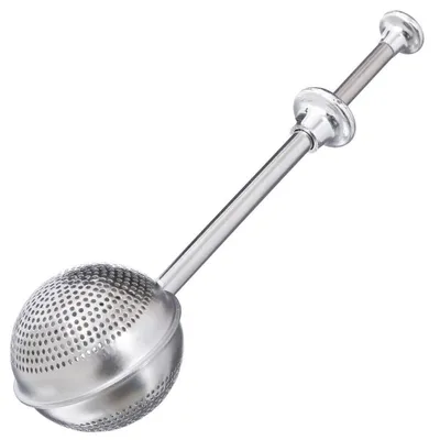 A silver tea strainer with a handle on a white background.