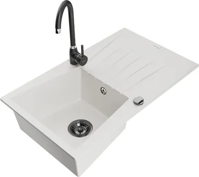 Produktbild von Mexen Cesar 1 Becken-Granitspüle mit Abtropffläche und Mischbatterie Telma, Weiß - 6514-20-670200-70