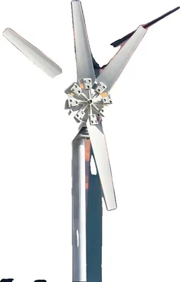 A wind turbine generator with multiple blades, some of which appear damaged or detached.