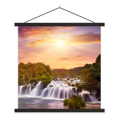 Produktbild von MuchoWow® Textilposter Wasserfall - Landschaft - Sonne - Wolken - Sonnenuntergang 60x60 cm mit schwarzem Rahmen - Posteraufhänger
