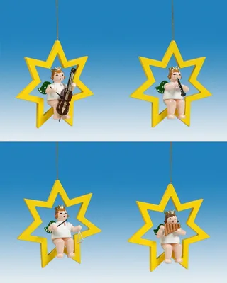 Produktbild von Christbaumschmuck Engel auf Stern mit Instrument und Krone 4 teilig Höhe 6cm NEU