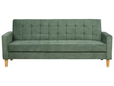 Produktbild von BELIANI 3-Sitzer Sofa Dunkelgrün Stoffbezug Gesteppt mit Schlaffunktion Helle Holzbeine Schmale Armlehnen Retro-Design Wohnzimmer Schlafsofa Sofabett