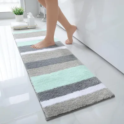Image de Tapis de bain antidérapant, doux, à poils longs, microfibre, tapis de bain, absorbant, lavable, 40 x 120 cm, vert/gris