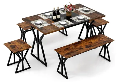 Produktbild von Esstisch mit 2 Bänken und 2 Hockern, Essgruppe 5-teilig, Küchentisch mit Stühlen, Esszimmertisch 139 x 80 cm für 4-6 Personen, Esszimmergruppe im Industrial-Stil aus Holz und Metallrahmen, Sitzgruppe für die Küche