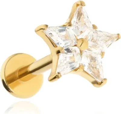 Productafbeelding van Titanium labret-steeksel, ster, met witte zirkonia, goudkleurig
