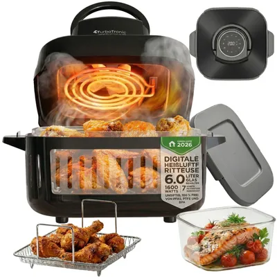 Produktbild von TurboTronic Heißluftfritteuse 6  L - AFG6 - 1600 W Glas Airfryer – Digitale Heißluft Fritteuse 50–180 °C 7 Programme Touch-Display Air Fryer Heißluftofen BPA-frei schwarz