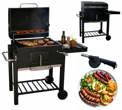 Zdjęcie produktu dla Duży GRILL ogrodowy węglowy z pokrywą na ruszt opiekacz termometr czarny